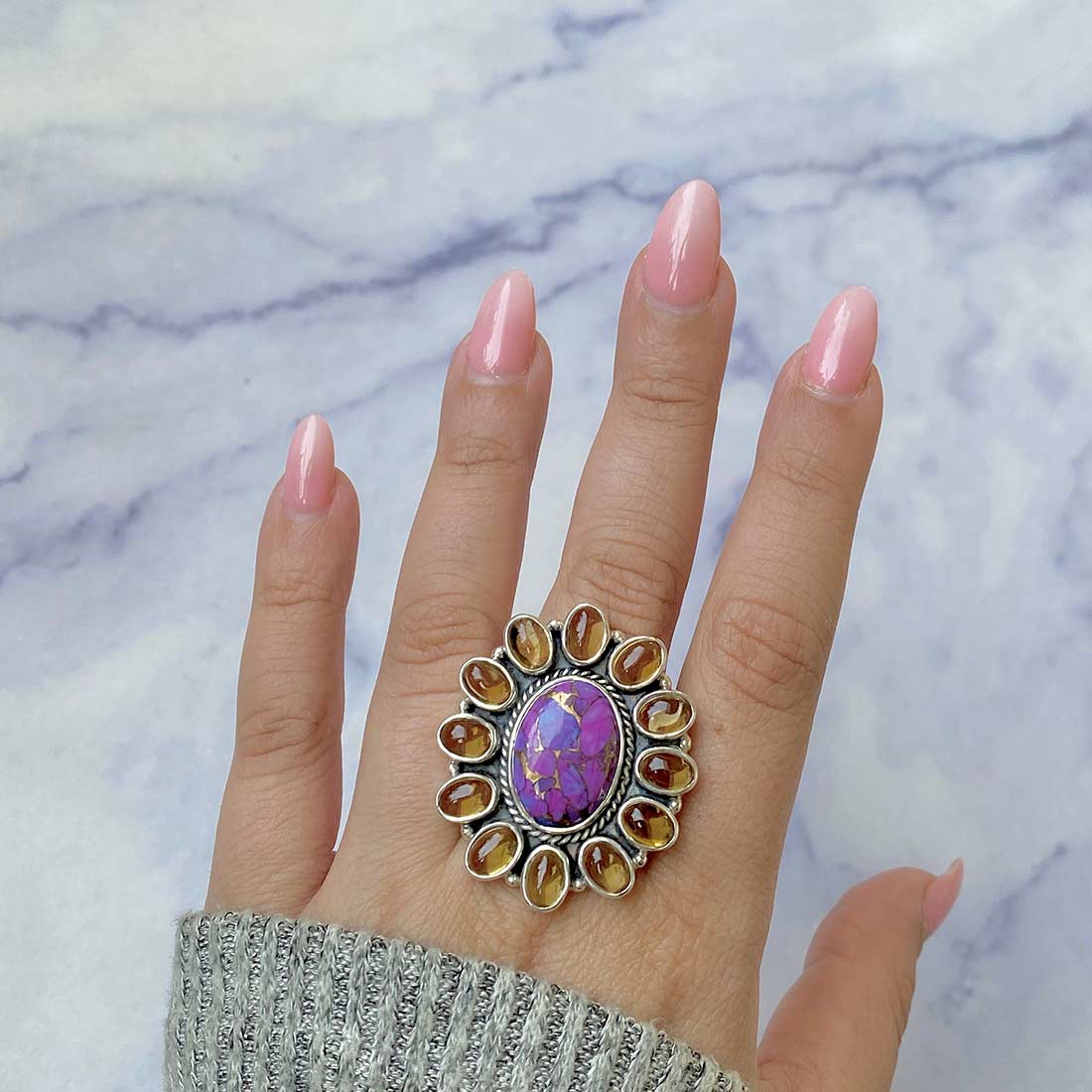 Purple Copper Turquoise And Citrine Flower Adjustable Ring-(TRC-FLR-2.)